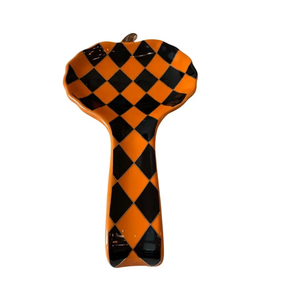 Black & Orange Harlequin Pumpkin Spoon Rest 10in Ceramic Checkered Halloween NEW